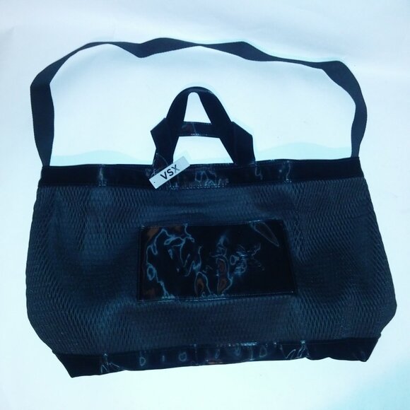 Victoria Secret Tote Bag Black Mesh Gym Bag Zip Closure Shoulder Bag 17x12 New - Picture 3 of 10